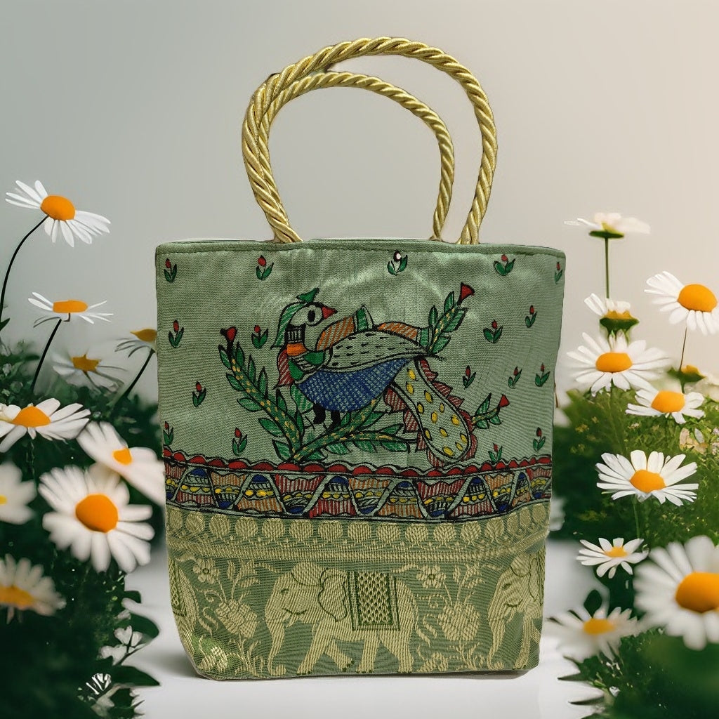 Handpainted Madhubani Bag – Green with Brocade Border, Peacock Motif